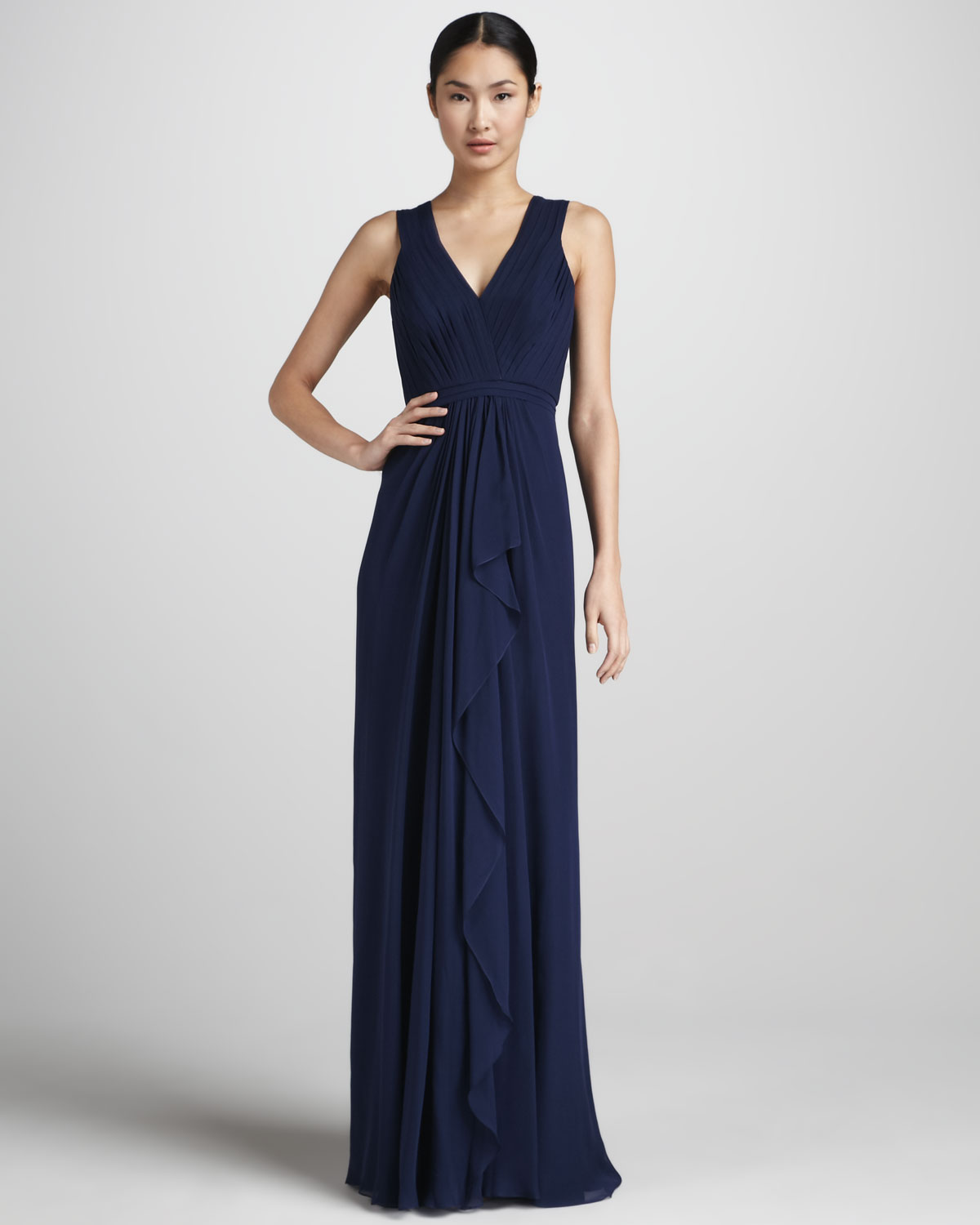 Lyst - Pamella roland Ruffle Front Chiffon Gown in Blue