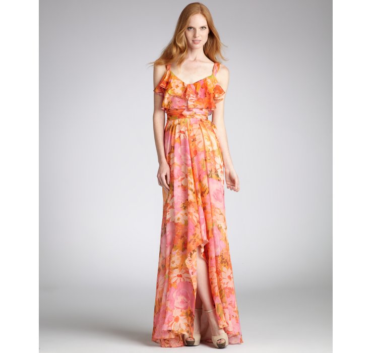 Lyst - Badgley Mischka Floral Silk High Front Slit Ruffle Gown in Orange