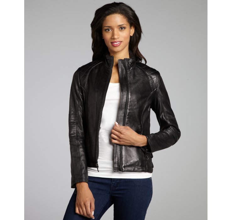 Dkny Black Leather Quilted Shoulder Zip Front Motorcycle Jacket in ...