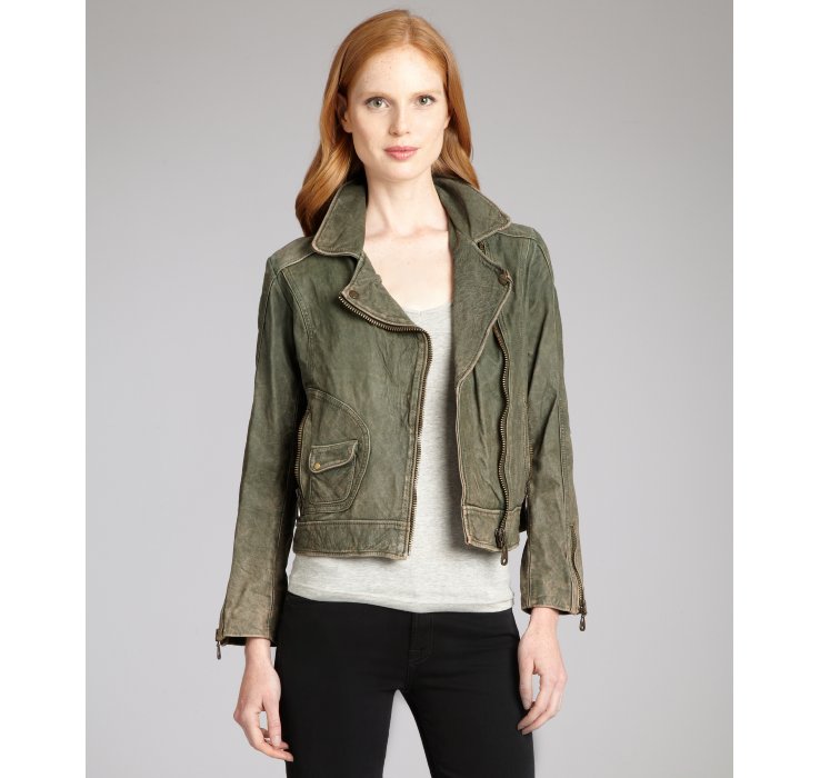 Doma Leather Marble Green Washed Asymmetrical Biker Jacket Gallery