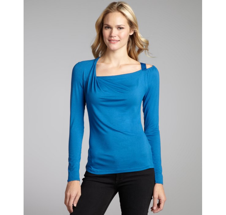 Elie Tahari Bayberry Blue Jersey Gia Cutout Shoulder Top in Blue ...