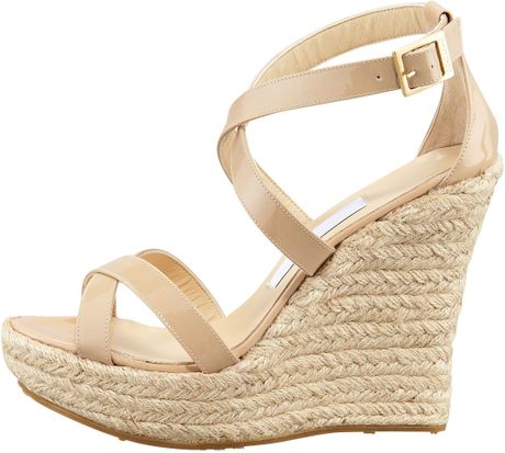 Jimmy Choo Porto Patent Leather Espadrille Wedge Sandals in Beige (nude ...