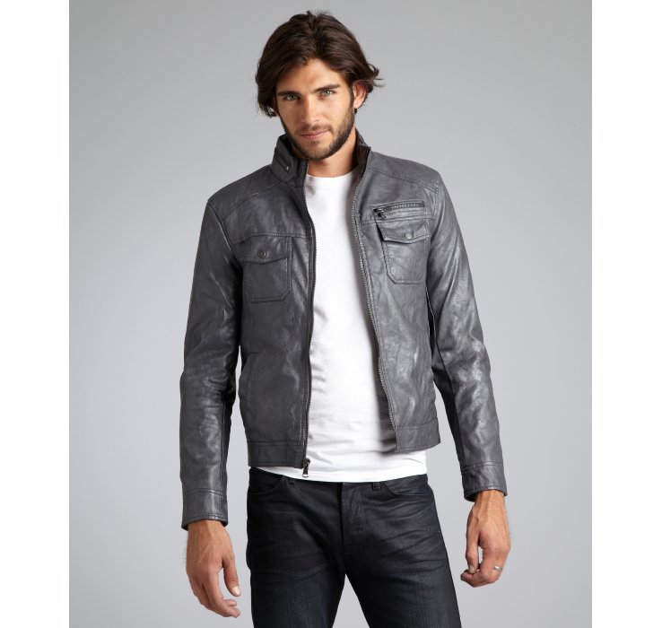 Lyst Kenneth Cole Reaction Grey Faux Leather Zip Up Jacket In Gray Gallery