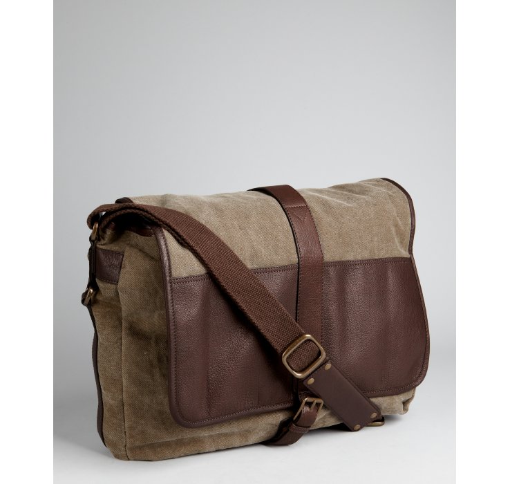 John Varvatos Taupe Twill Leather Trim Messenger Bag in Brown for Men ...