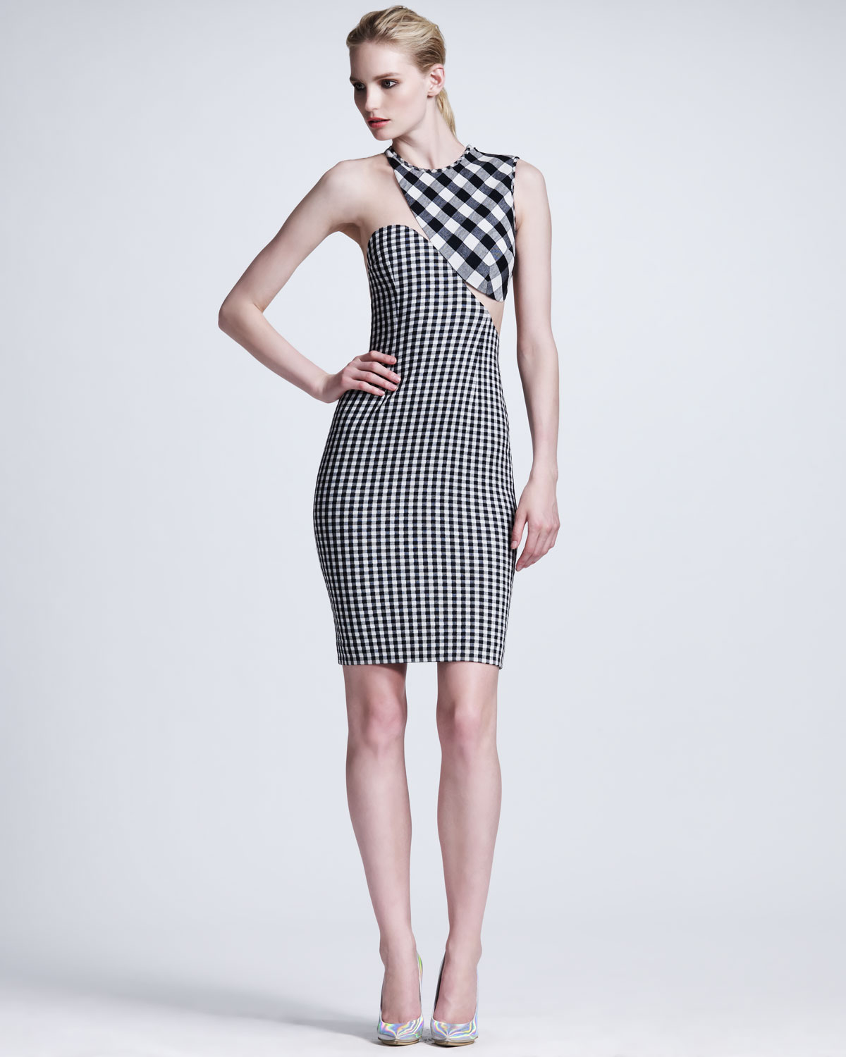 Stella McCartney Contoured Meshinset Gingham Sheath Dress in Navy (Gray) - Lyst