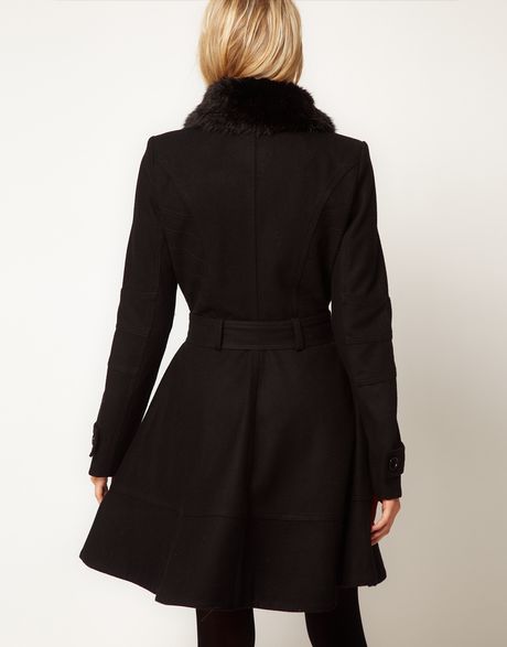 Asos Collection Fur Trim Fit and Flare Coat in Black | Lyst