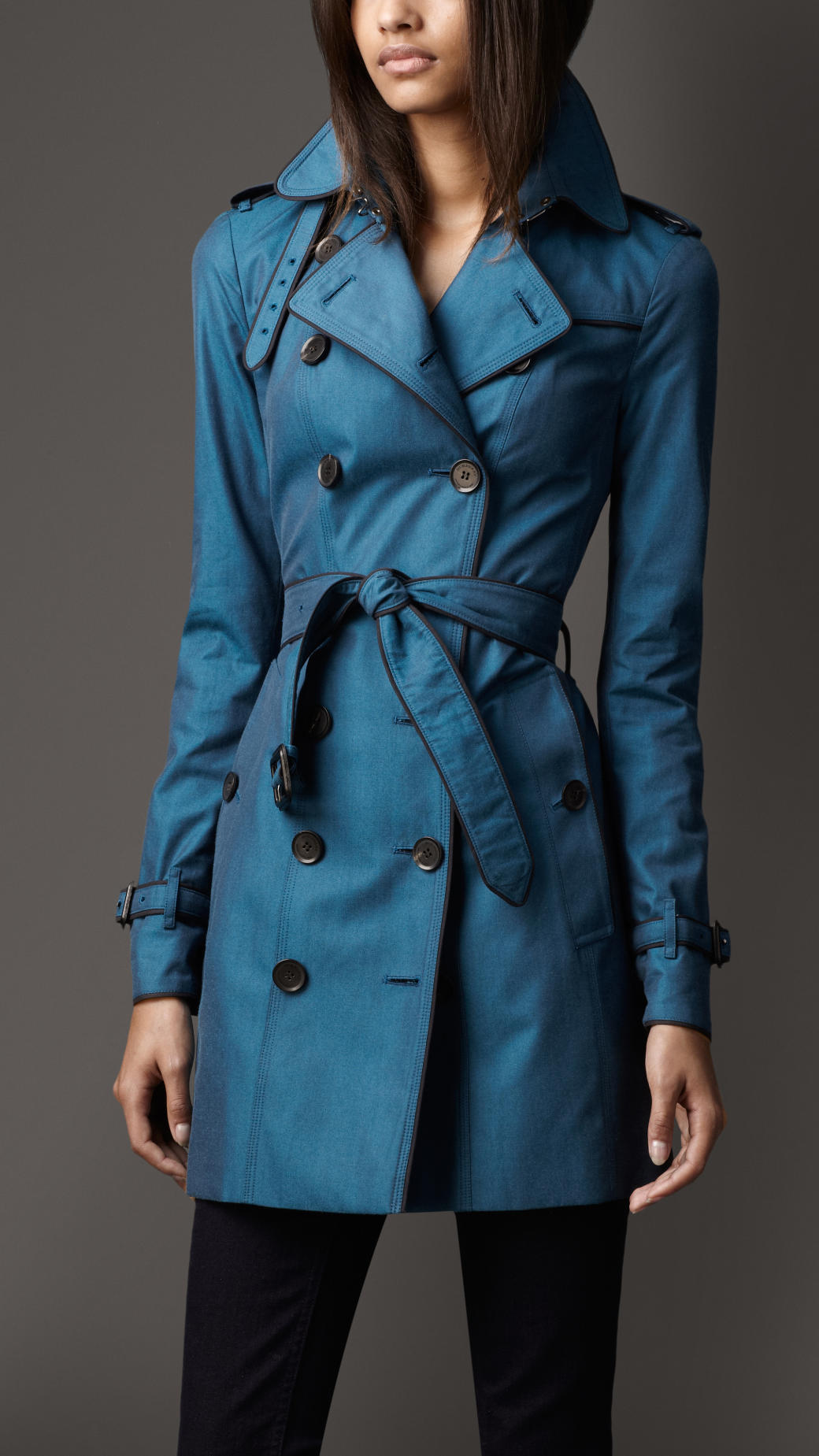 Burberry Midlength Contrast Trim Cotton Gabardine Trench Coat in Blue ...
