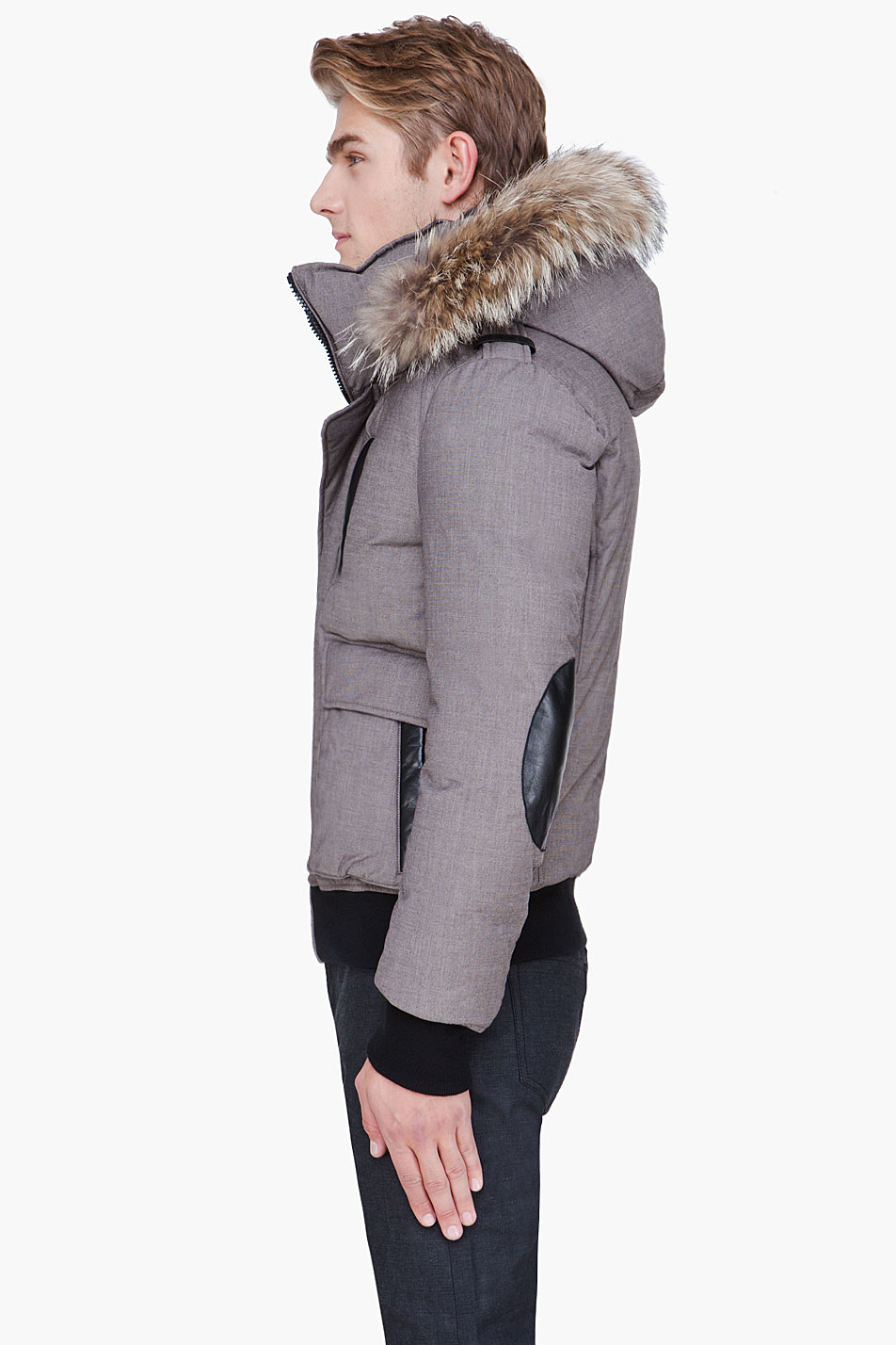 grey hooded down jacket