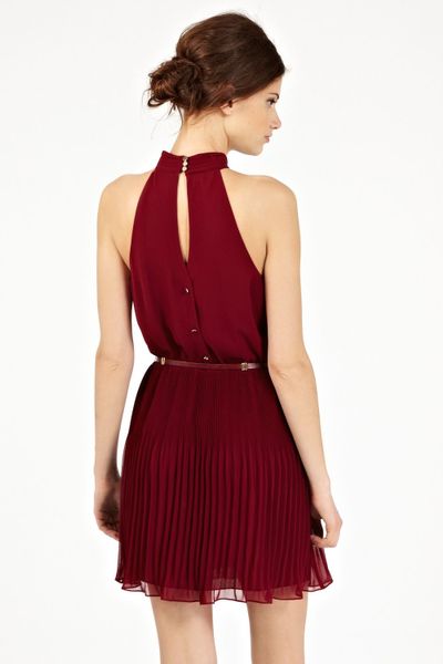 Oasis Pleated High Neck Dress in Red (burgundy) | Lyst