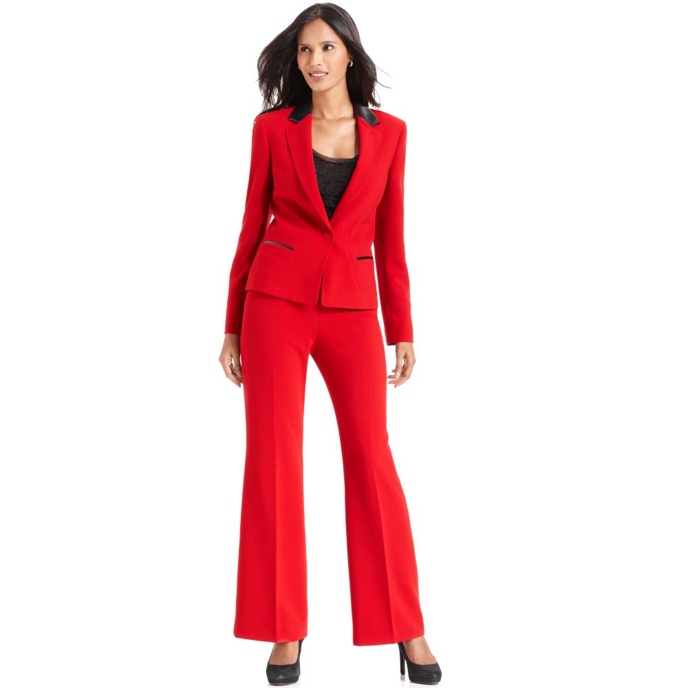 Anne Klein Faux Leather Trim Pant Suit in Red Lyst