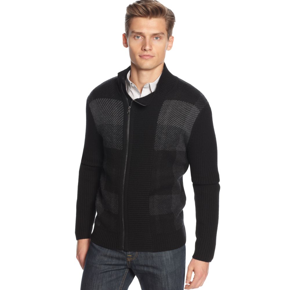 Calvin Klein Bias Cut Plaid Zip Up Sweater in Black for Men - Lyst