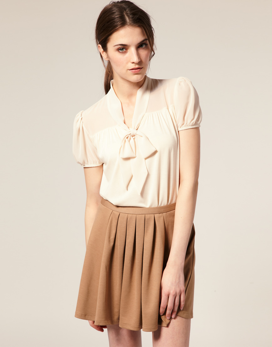 ASOS Collection Short Sleeve Chiffon Mix Pussy Bow Blouse in Cream  (Natural) | Lyst