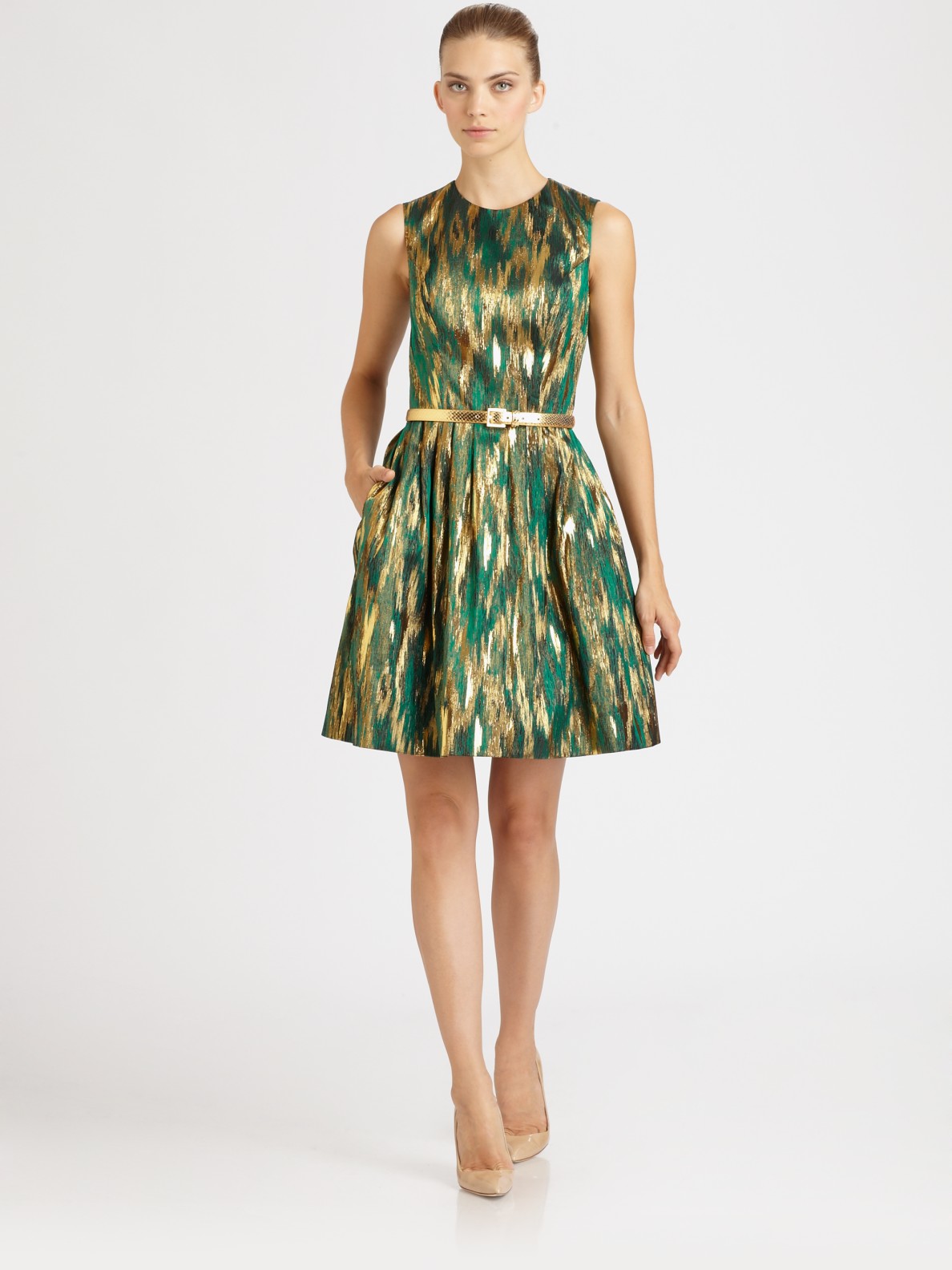 Lyst - Michael Kors Belted Jacquard Dress in Green