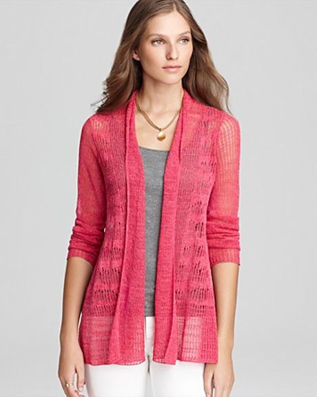Eileen Fisher Pointelle Wave Long Straight Cardigan in Pink (cosmos) | Lyst
