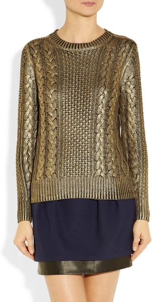 Michael Michael Kors Metalliccoated Cableknit Sweater in Gold (black ...