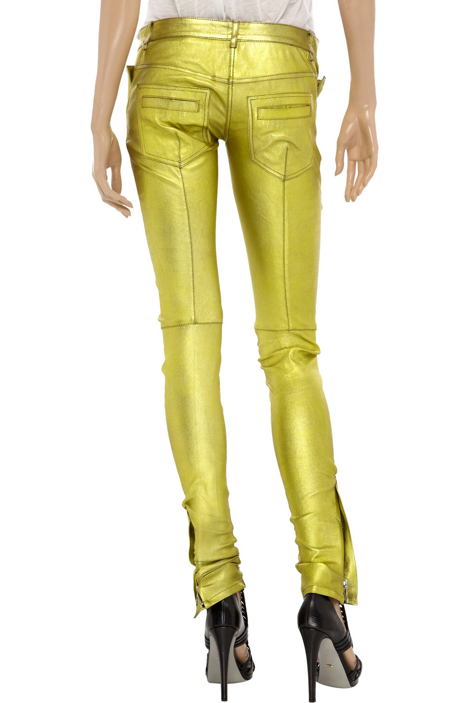Balmain Metallic Leather Skinny Pants in Gold (Yellow) - Lyst