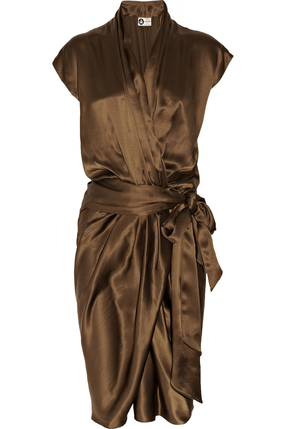 Lyst Lanvin Gathered Silk Satin Wrap Effect Dress In Brown Gallery