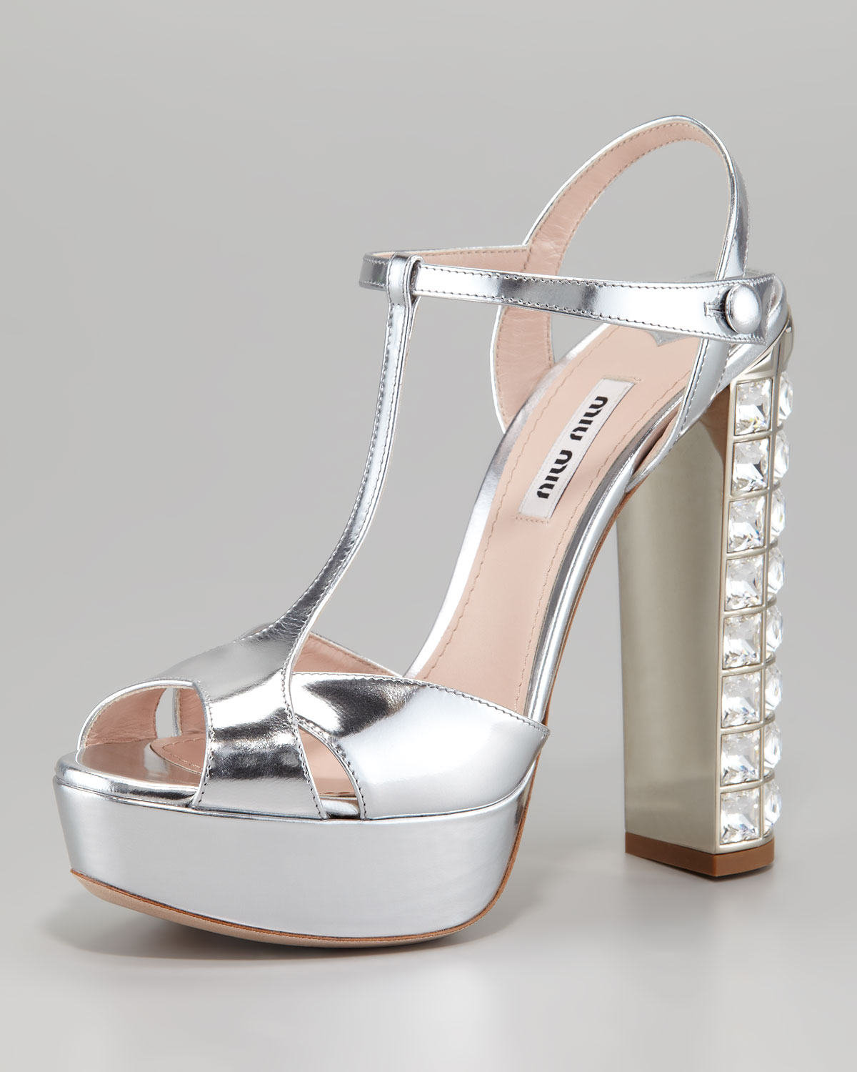 Miu Miu Jeweled Heel Sandal in Silver 