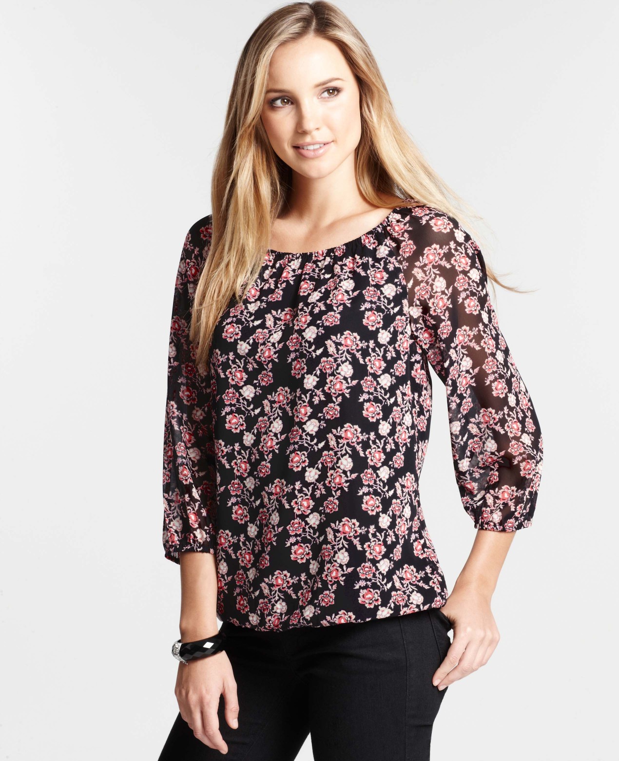Ann taylor Ornate Floral Print Bubble Hem Blouse in Black Lyst