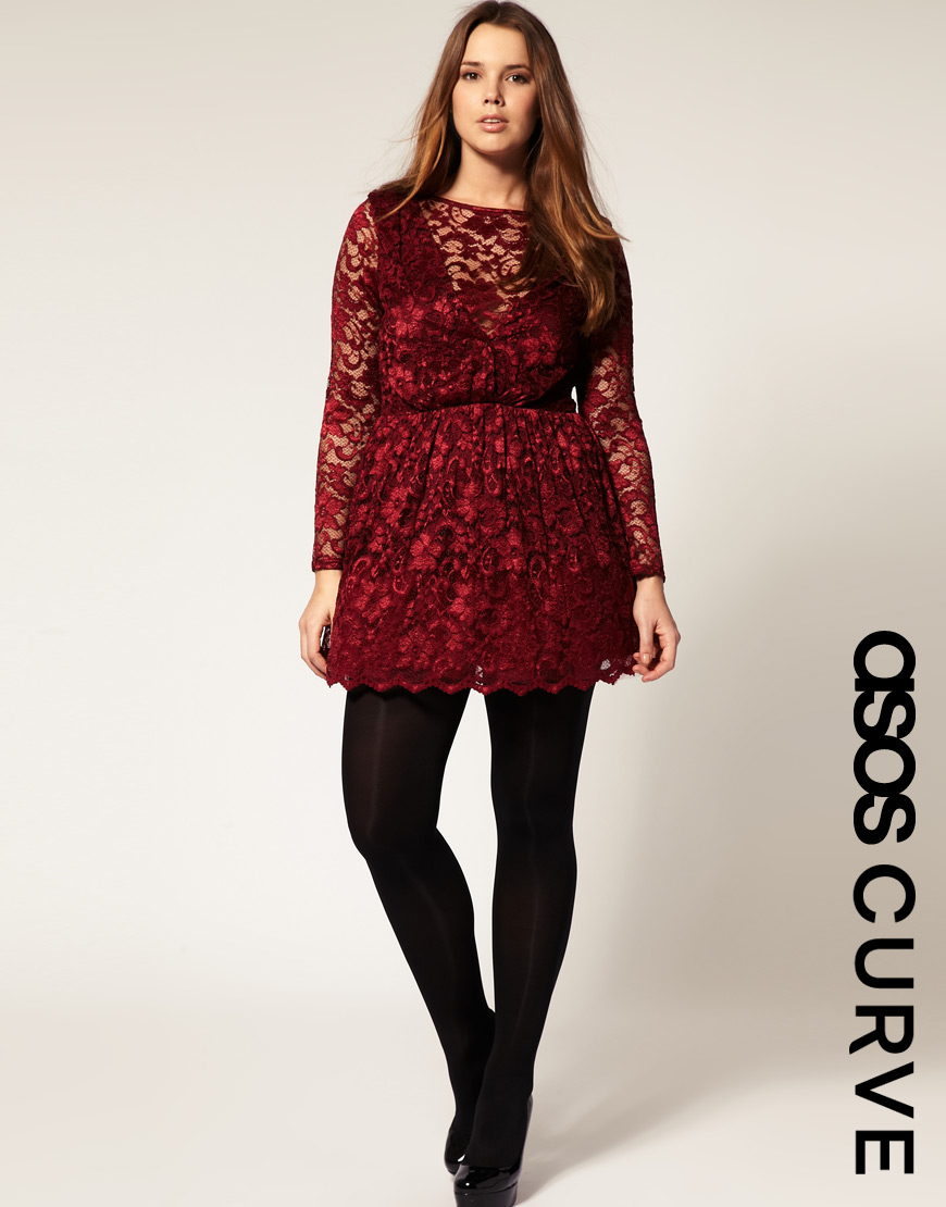 Asos red long sleeve lace dress