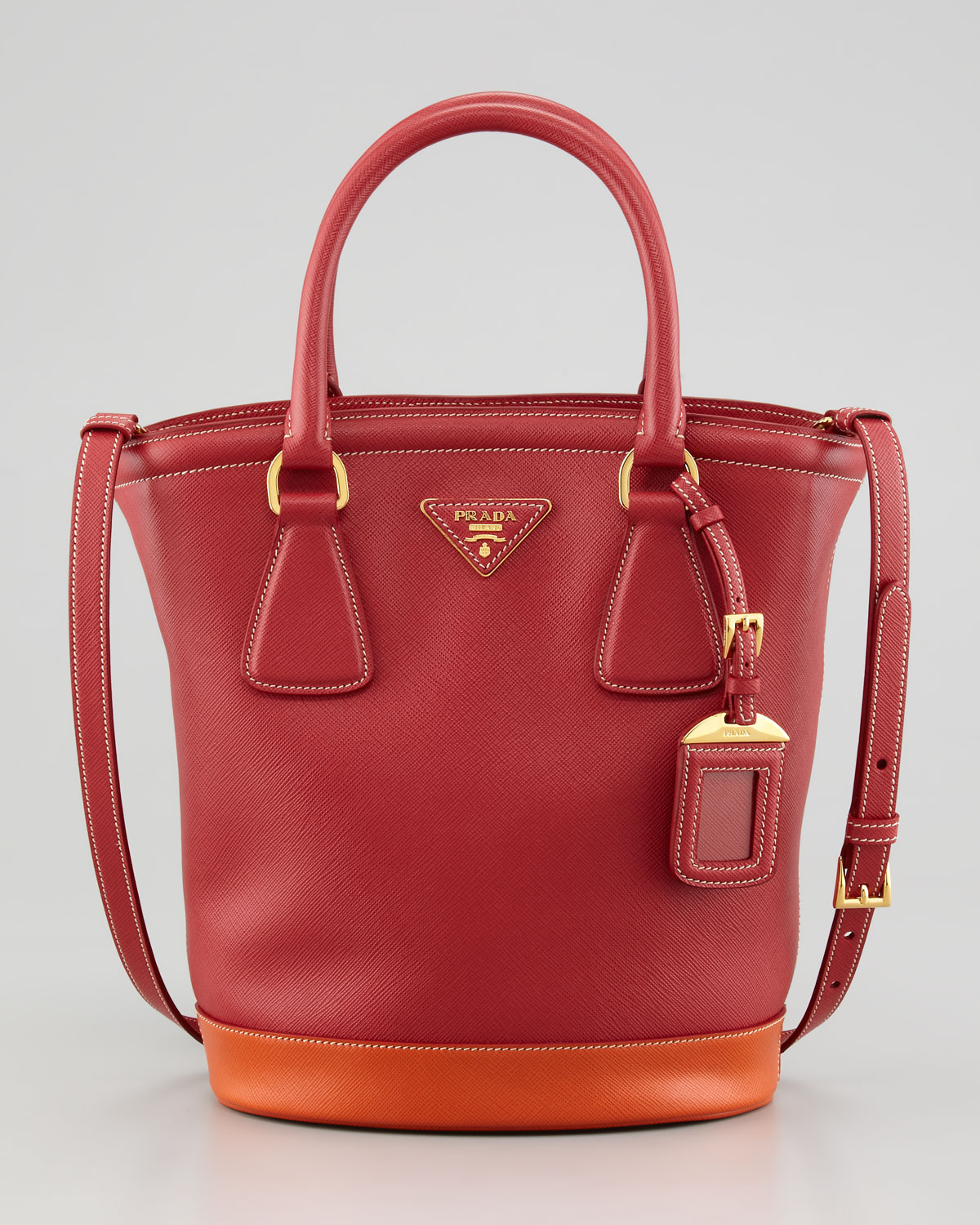 Prada Saffiano Bicolor Bucket Bag in Red (fuoco papaya) | Lyst  