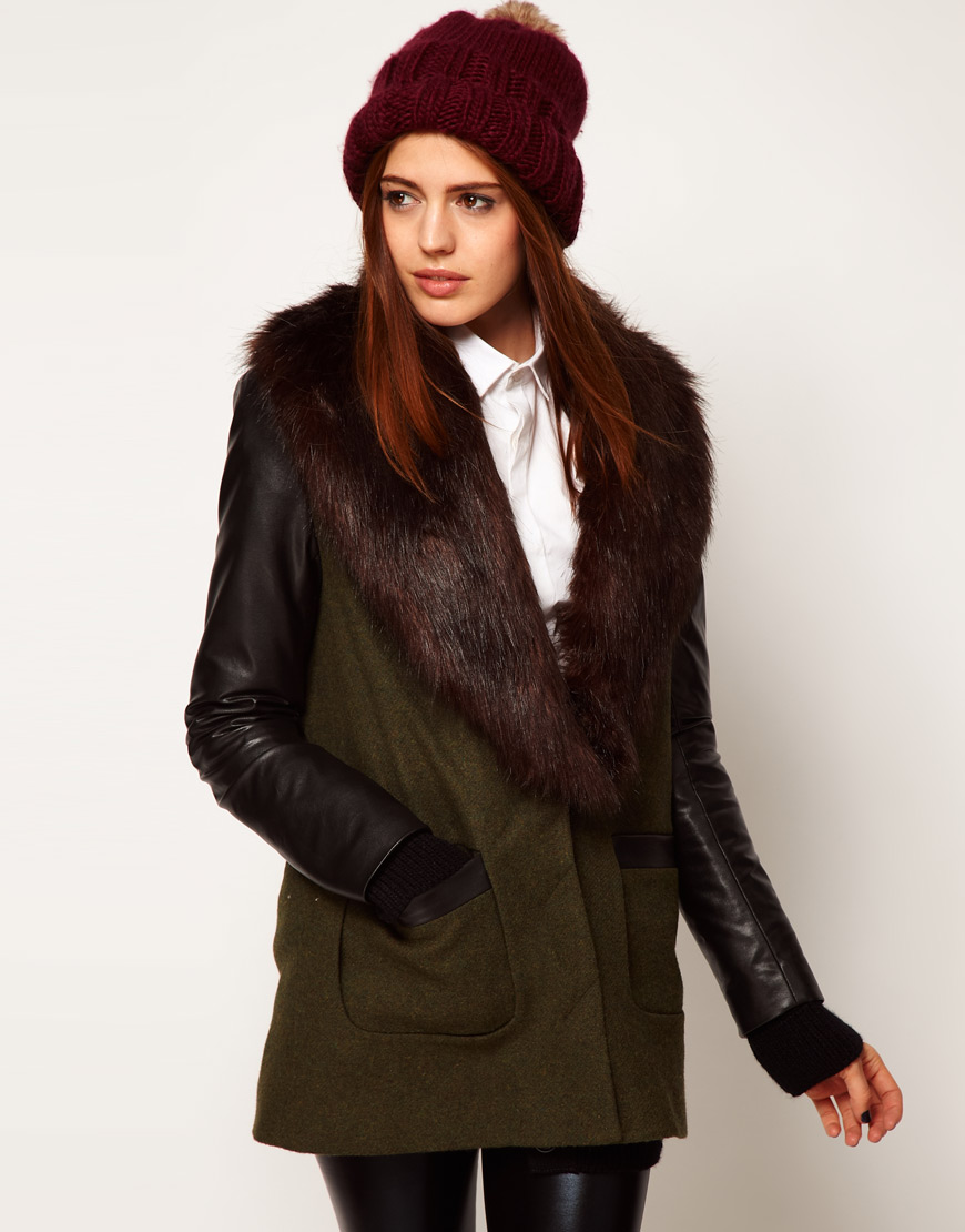 ASOS Collection Asos Fur Trim Coat with Pu Sleeve in Khaki ...