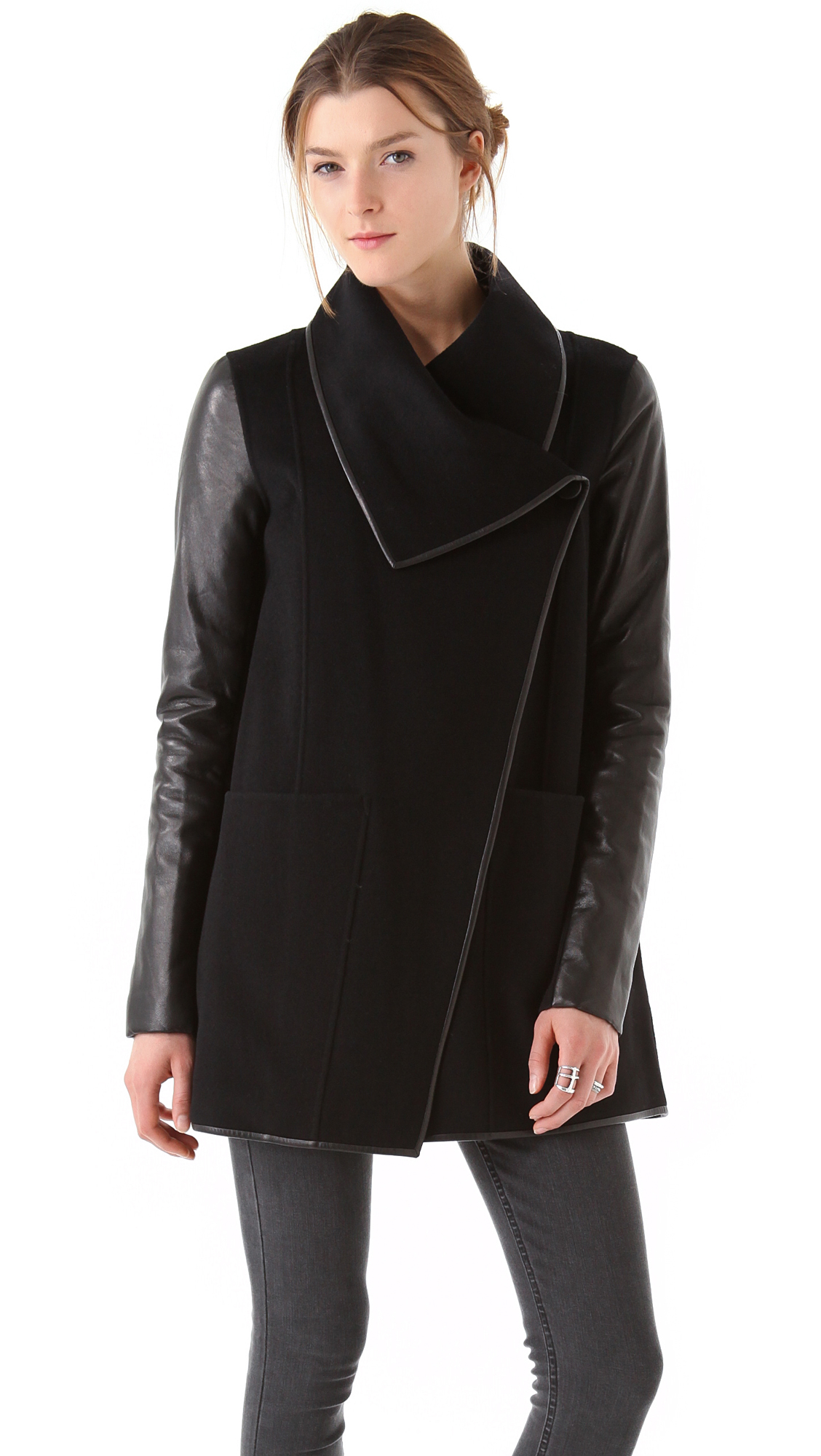 Mackage Wool Coat with Leather Sleeves in Black | Lyst