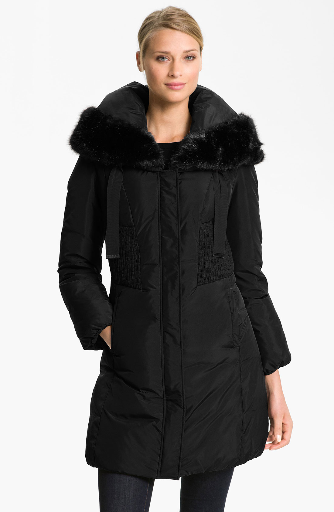 Tahari Nina Down Coat with Faux Fur Trim in Black | Lyst