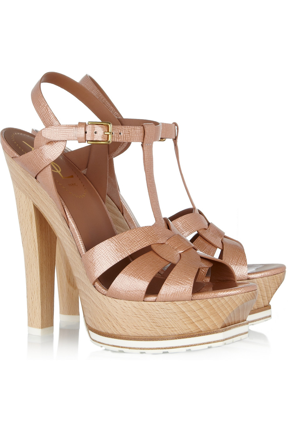 Saint Laurent Tribute Patentleather and Wood Sandals in Natural | Lyst