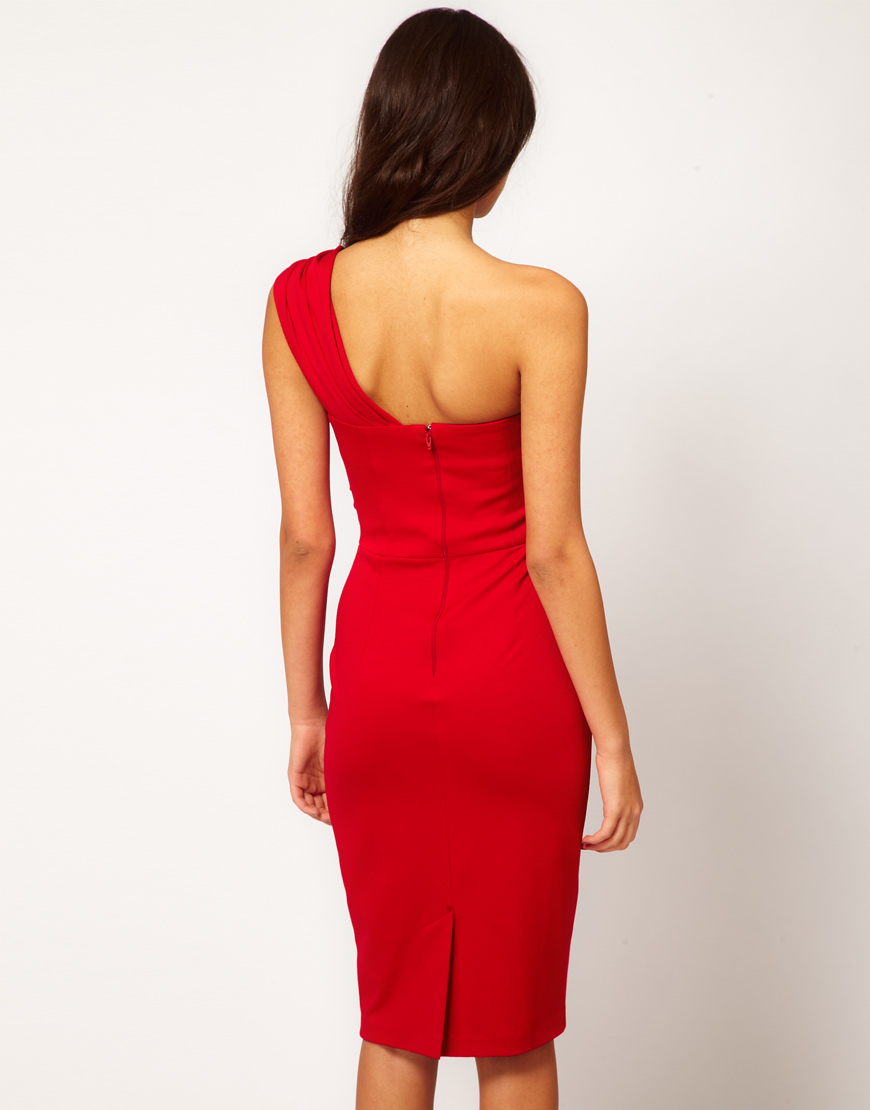 ASOS One Shoulder Pencil Dress in Red 