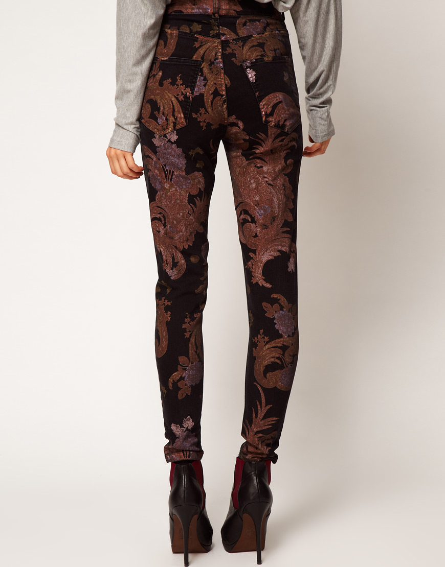 Lyst Just Female Pag High Rise Ankle Skinny Jeans in Paisley in Brown
