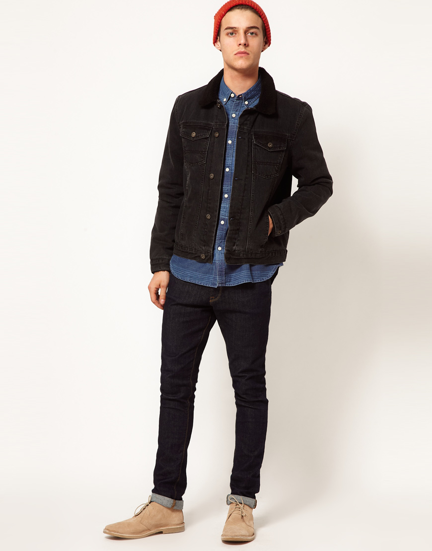 mens black denim jacket borg collar