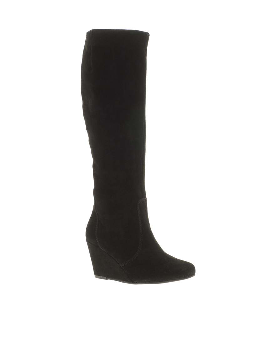 Lyst - Asos Chester Suede Wedge Knee High Boots in Black