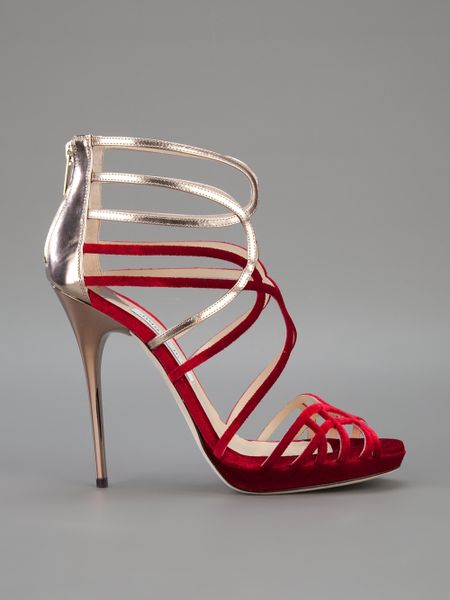 Jimmy Choo Maury Velvet Metallic Leather Sandals in Gold (red) | Lyst