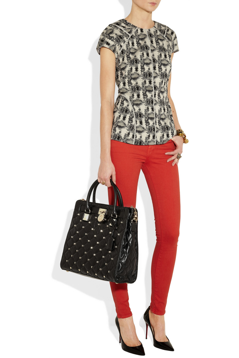 MICHAEL Michael Kors Hamilton Studded Quilted Leather Tote in Black | Lyst