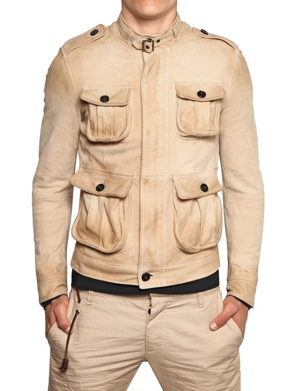 DSquared² Washed Suede Military Bomber Jacket in Stone (Natural) for