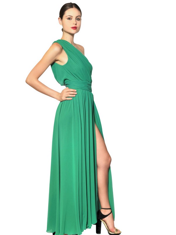 MSGM One Shoulder Techno Georgette Long Dress in Green - Lyst