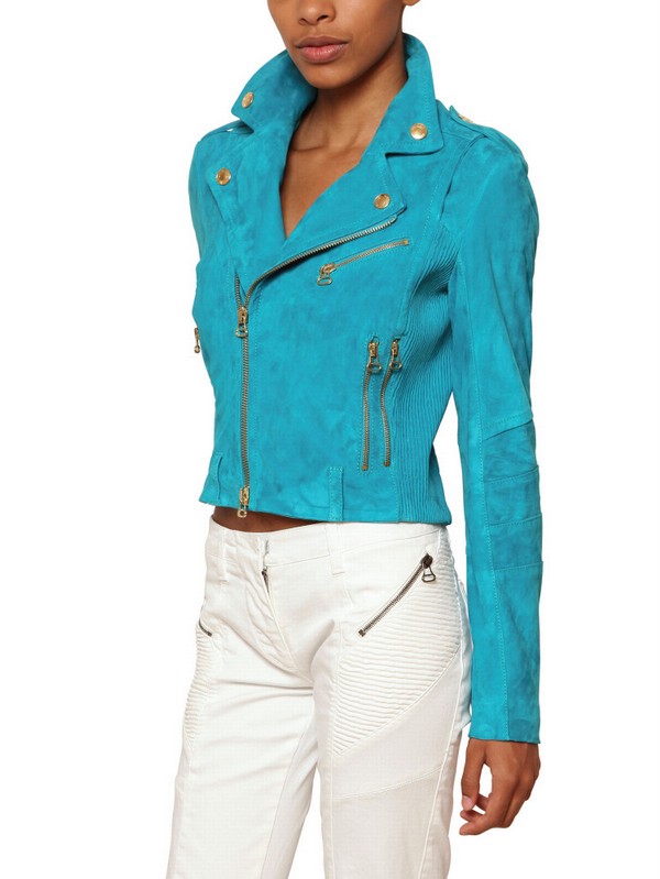 Balmain Suede Biker Leather Jacket in Turquoise (Blue) - Lyst