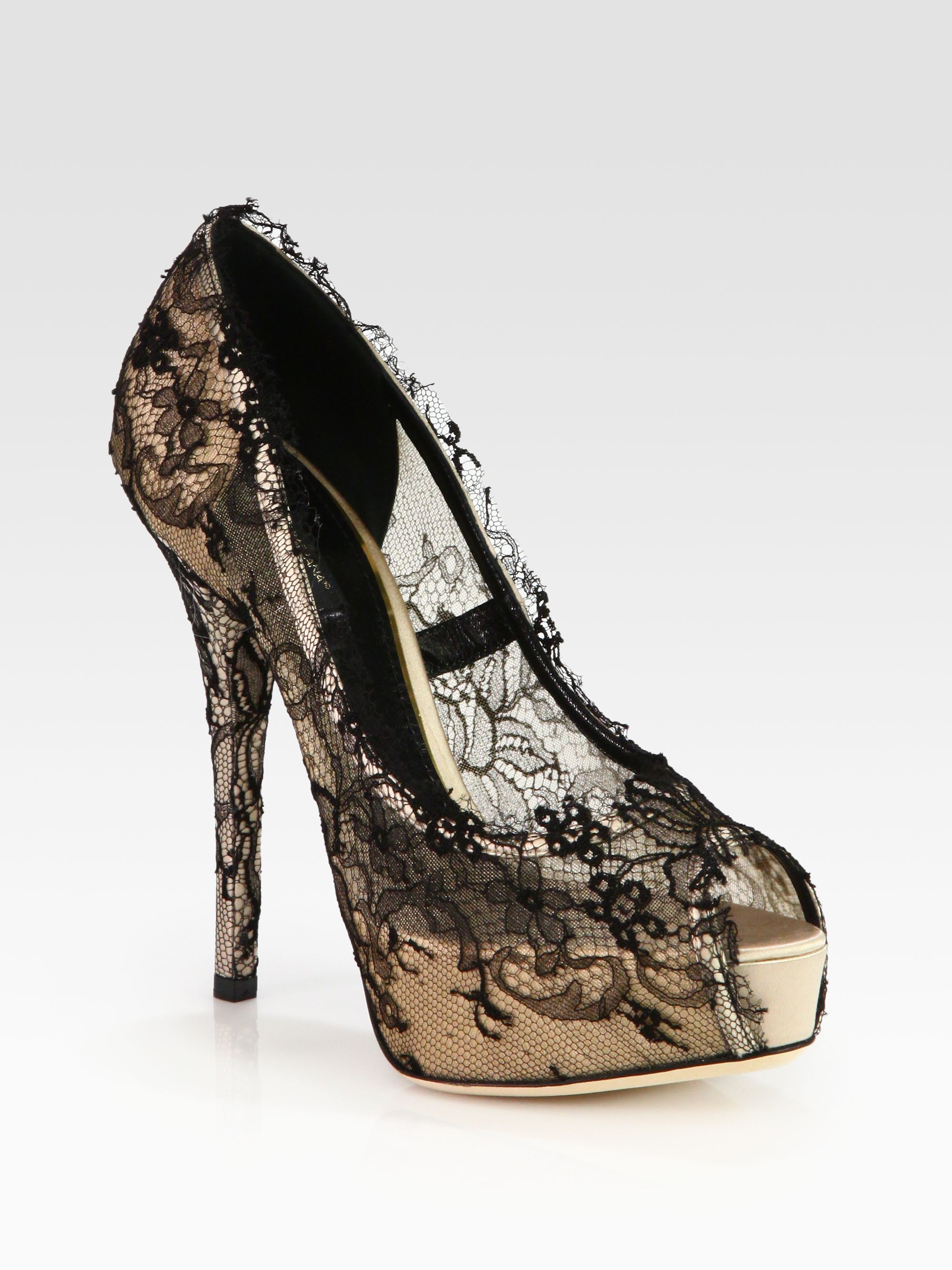 Lyst - Dolce & gabbana Lacecovered Satin Platform Pumps in Natural