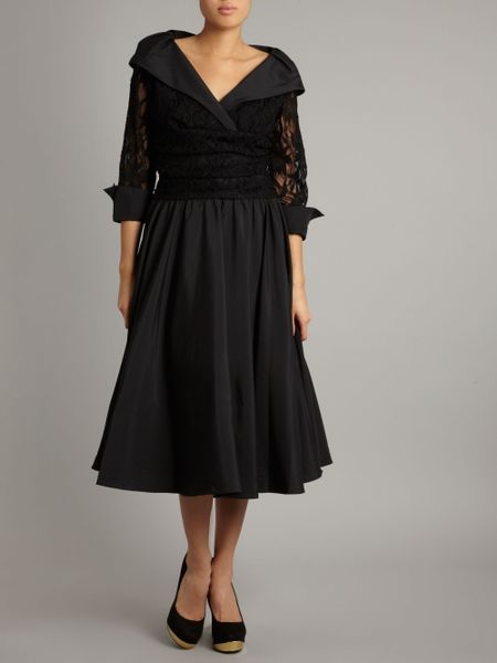 Eliza J Lace Detail 34 Sleeve Ruched Waist Dress in Black | Lyst