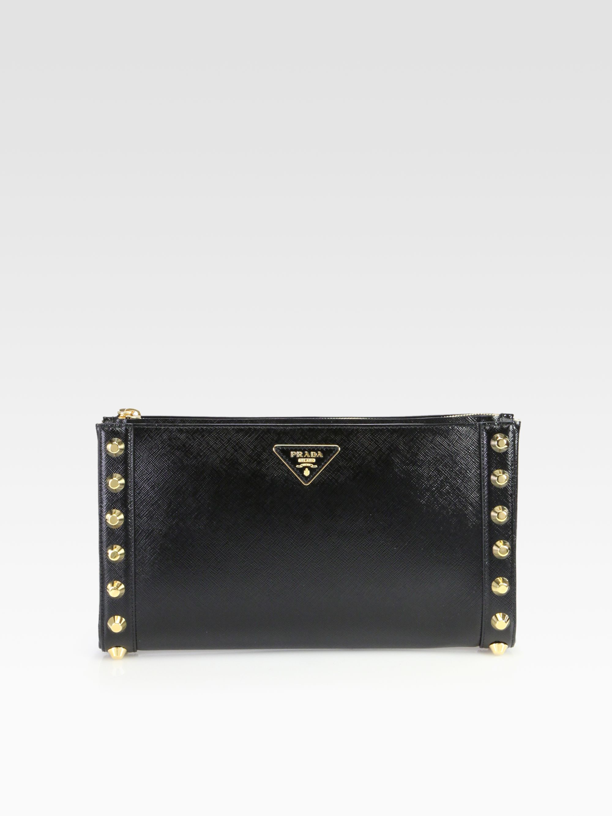 Prada Saffiano Vernice Studded Clutch in Black | Lyst  