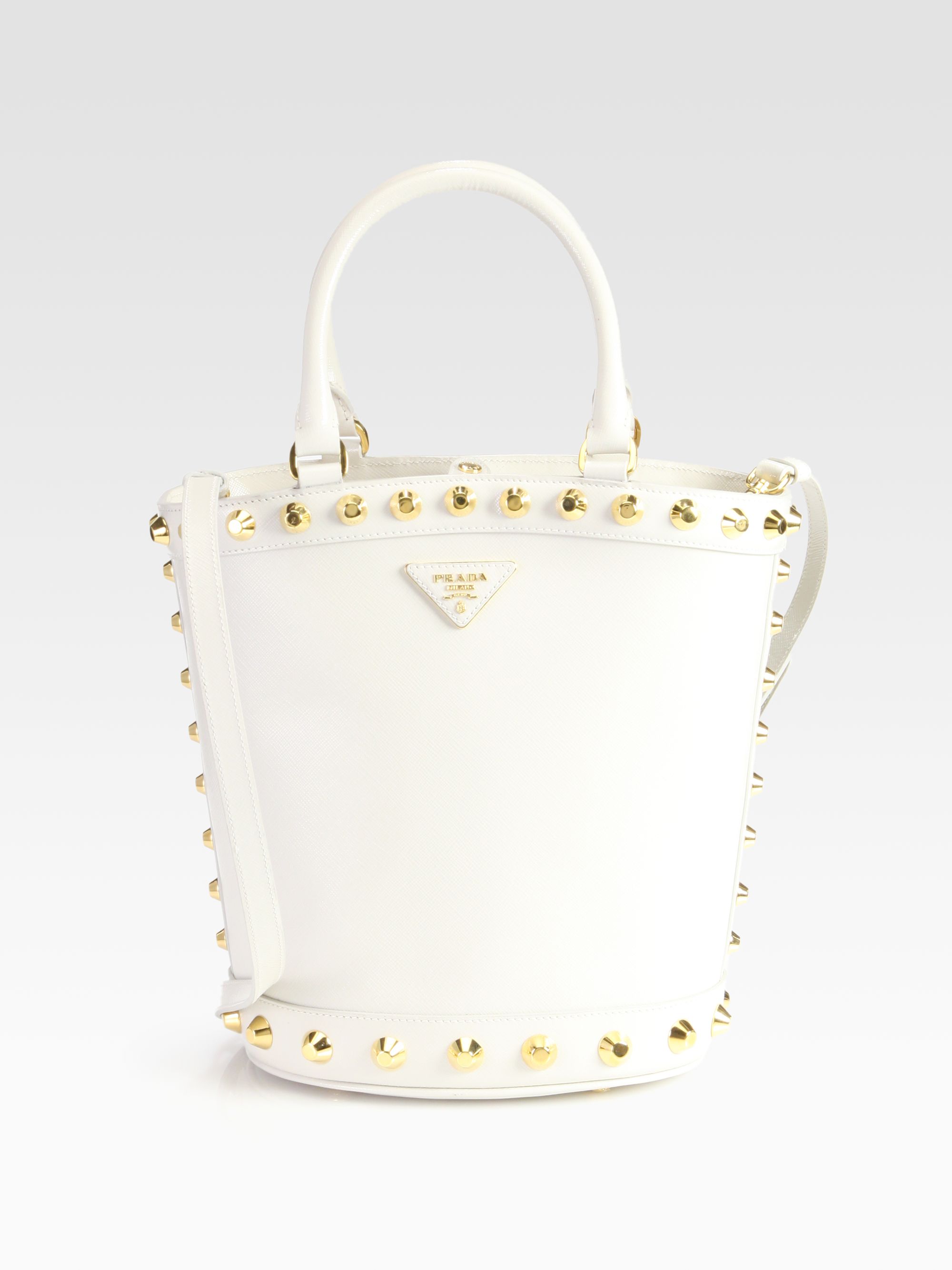 Prada Saffiano Vernice Studded Bucket Bag in White | Lyst  