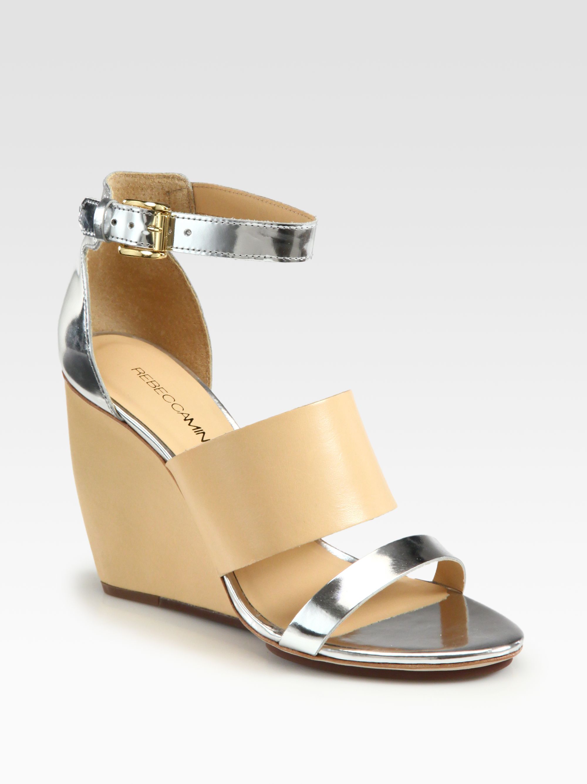 Rebecca Minkoff Stella Leather Wedge Sandals in Silver (beige) | Lyst