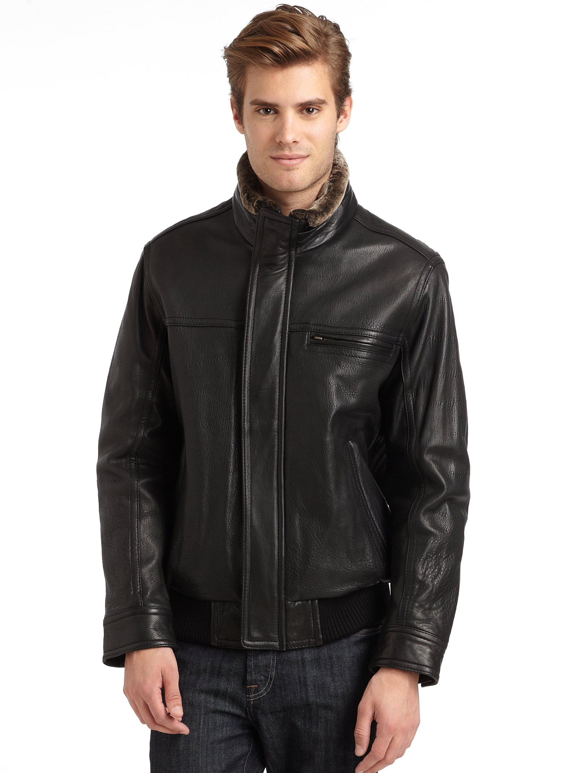 Lyst - Marc new york Leather Fur Collar Jacket in Black for Men
