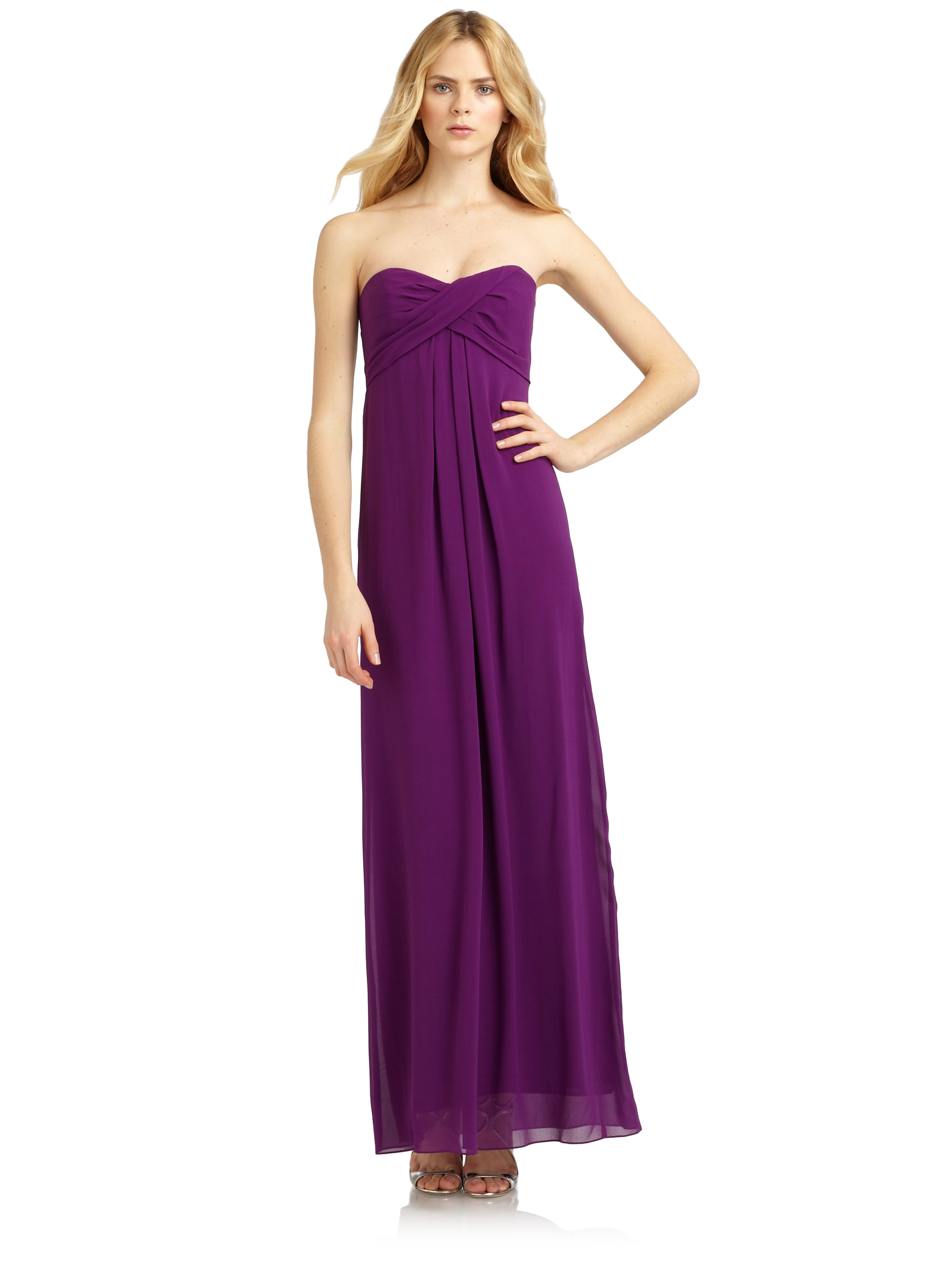Nicole Miller Ruched Silk Chiffon Strapless Gown in Purple - Lyst