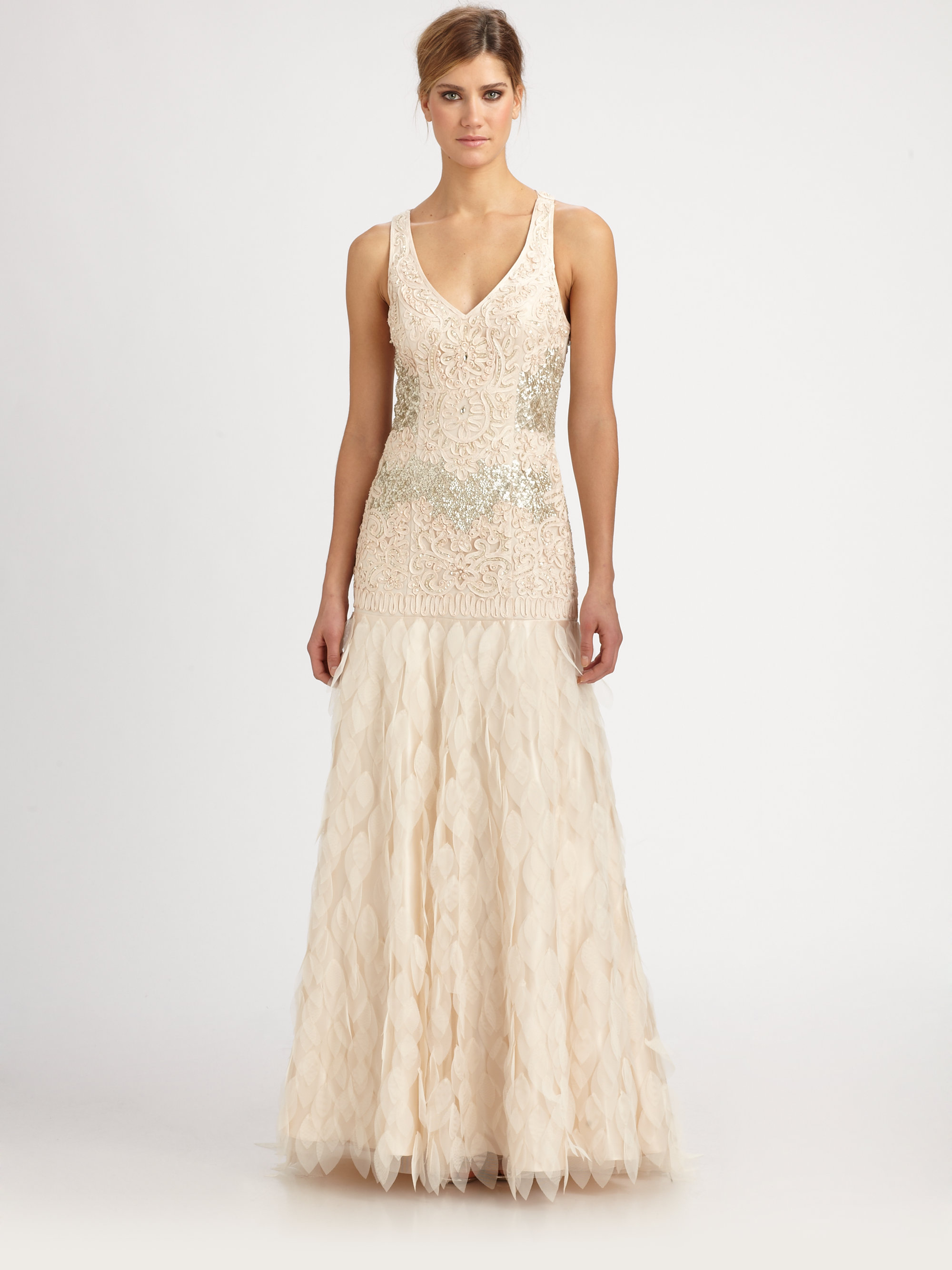 Sue Wong Beaded Petal Gown In Champagne Pink Lyst