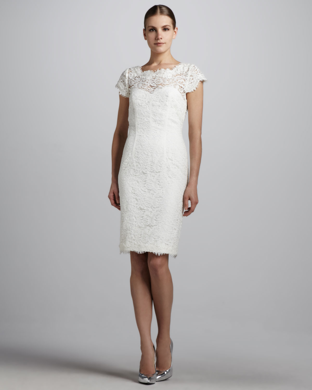 Ml Monique Lhuillier Lace Cocktail Dress With Open Back In Ivory