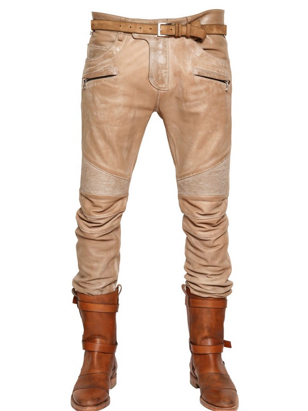 Balmain Washed Leather Biker Jeans in Natural for Men | Lyst
