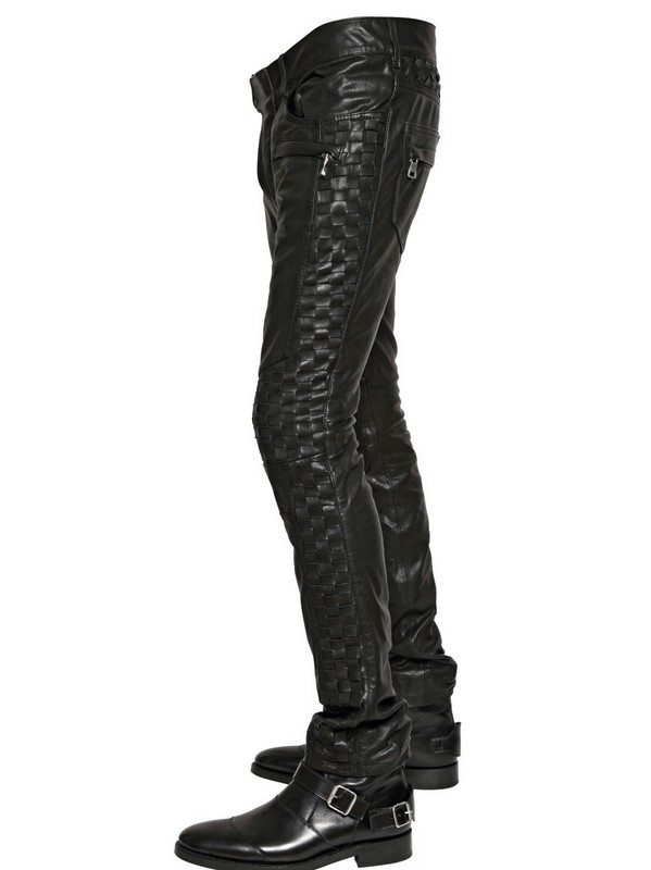 Balmain Leather Jeans with Woven Inserts in Black for Men Lyst