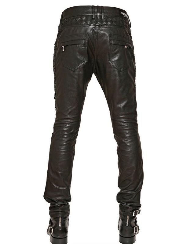 Balmain Leather Jeans with Woven Inserts in Black for Men - Lyst
